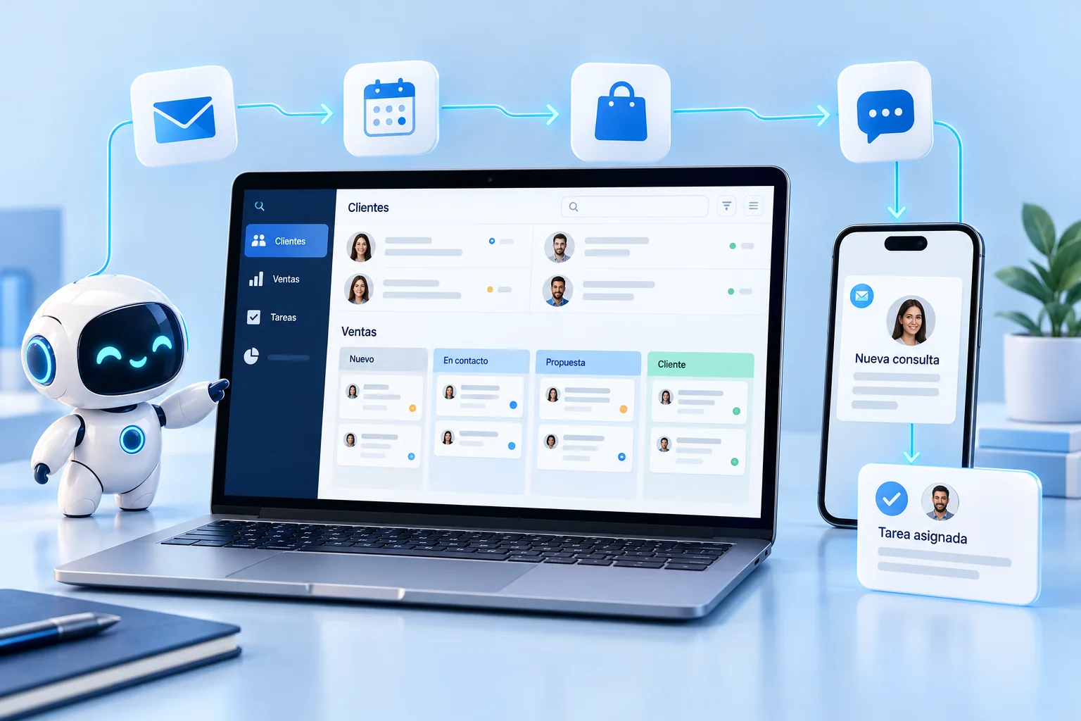 Ilustración de un CRM conectado con consultas, tareas y canales de atención