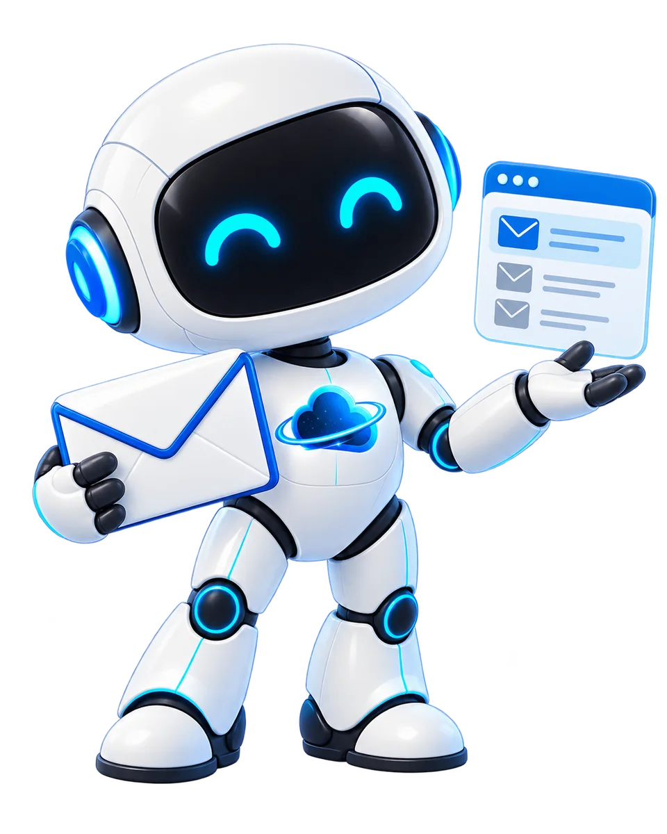 Robot de OdiseaCloud con un sobre y una bandeja de correo