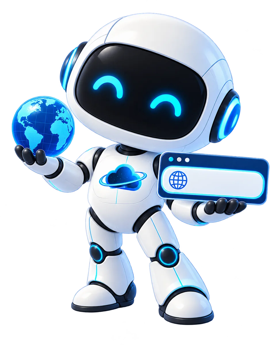 Robot de OdiseaCloud presentando un globo y una dirección web