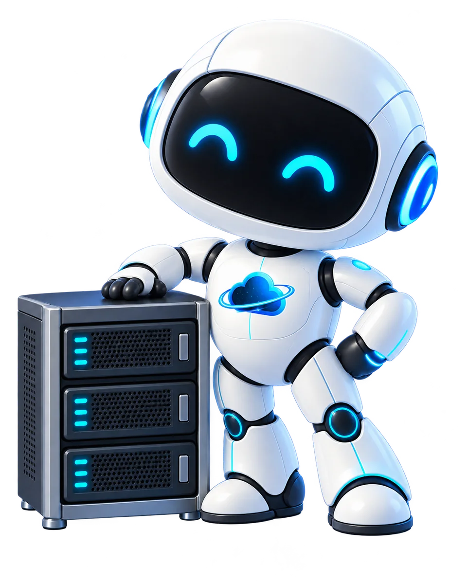 Robot de OdiseaCloud junto a un servidor de hosting web
