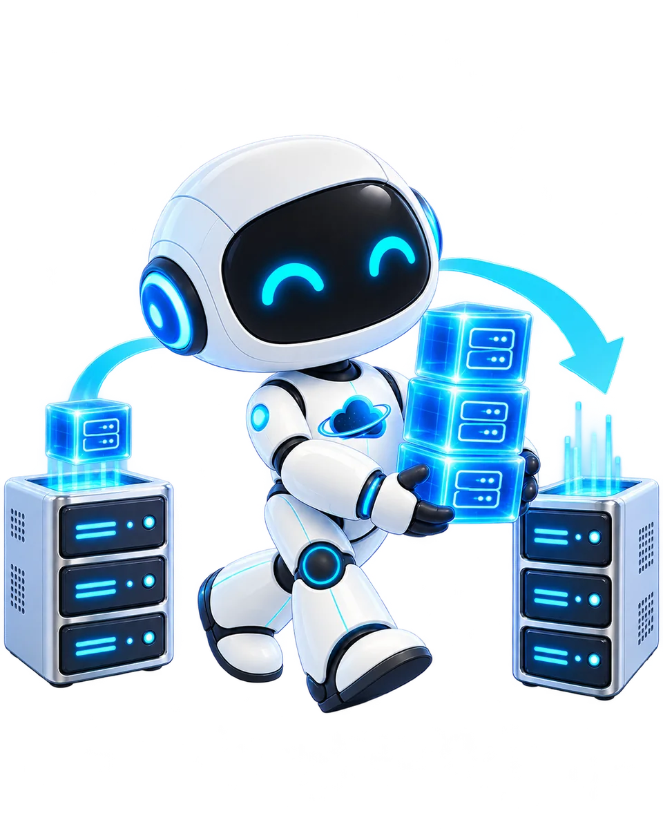Robot de OdiseaCloud trasladando datos entre dos servidores