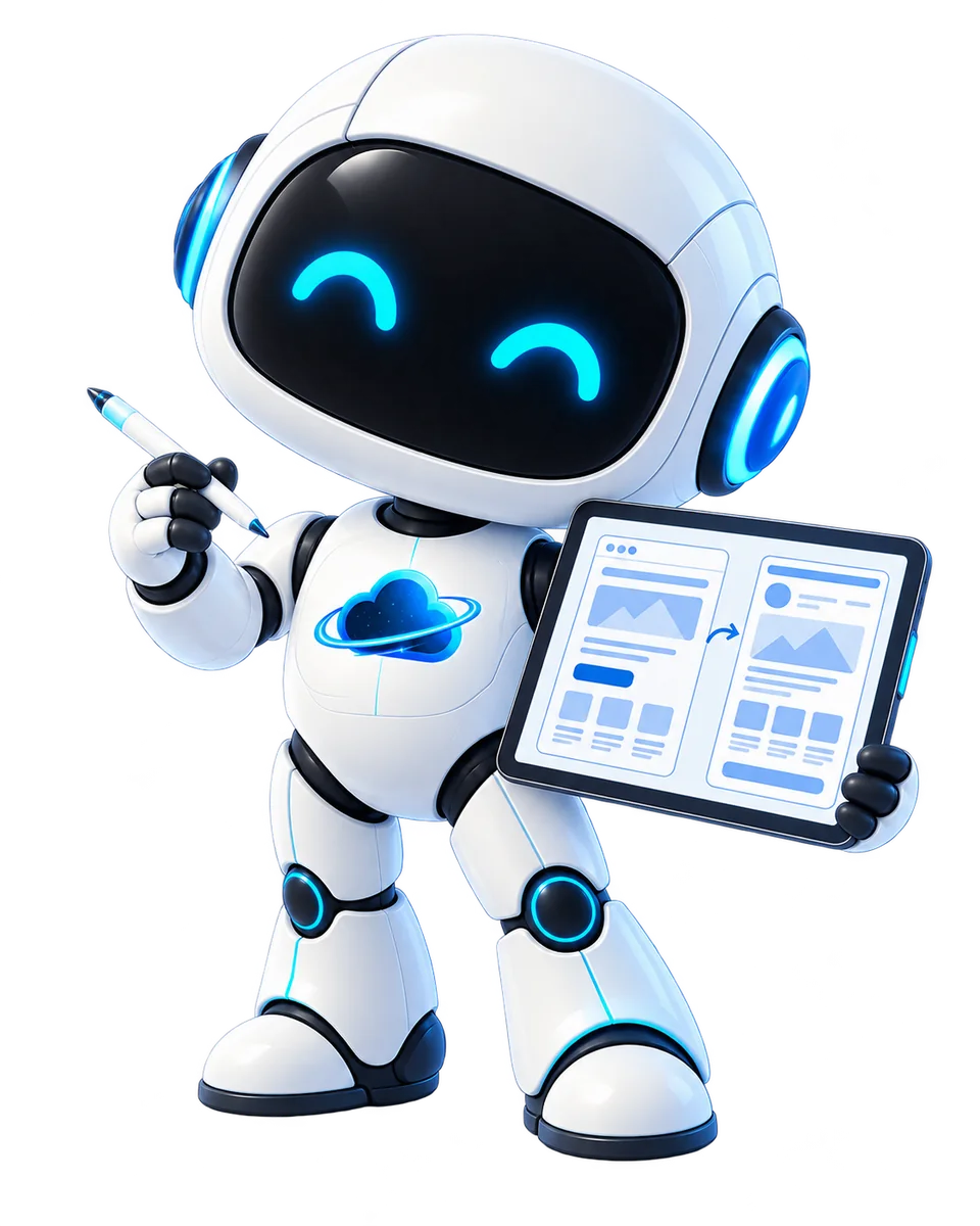 Robot de OdiseaCloud rediseñando una interfaz con una tableta y un lápiz digital