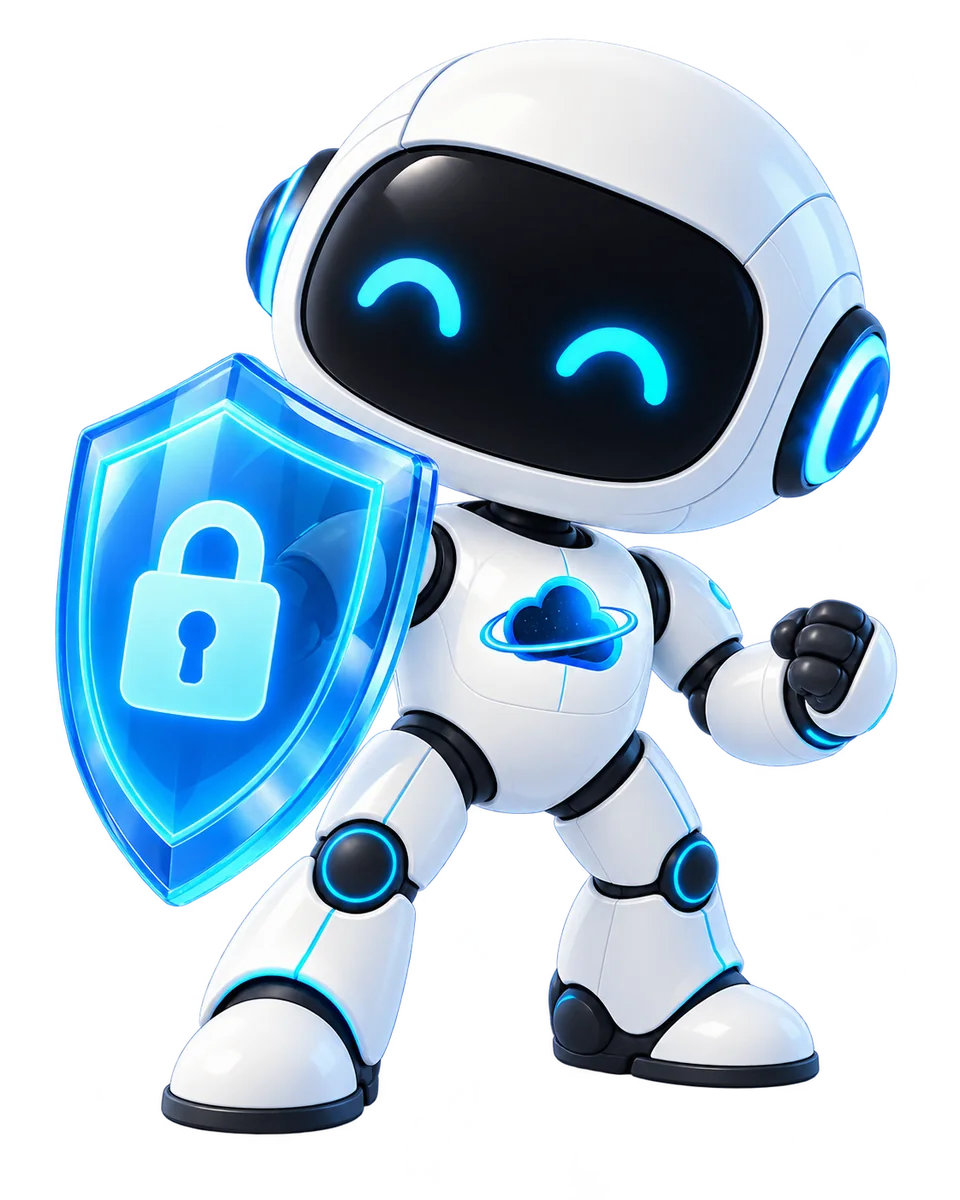 Robot de OdiseaCloud protegiendo un sitio web con un escudo y un candado