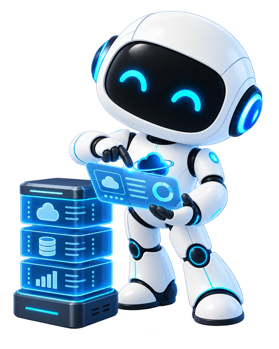 Robot de OdiseaCloud administrando un servidor virtual desde una terminal