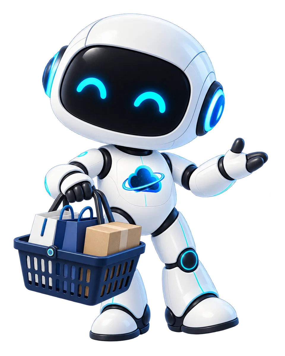 Robot de OdiseaCloud con una cesta, bolsas de compra y un paquete